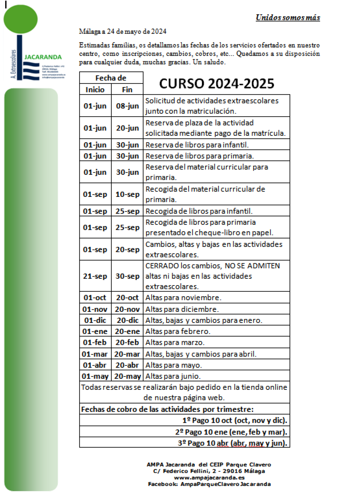 FECHAS CURSO 2024-2025